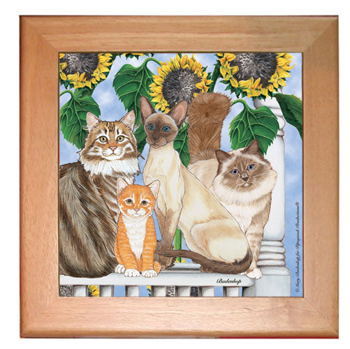 Cat Kitchen Ceramic Trivet Framed in Pine 8" x 8" - Pipsqueakproductions