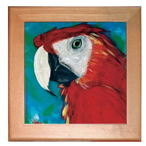 Macaw Parrot Kitchen Ceramic Trivet Framed in Pine 8" x 8" - Pipsqueakproductions