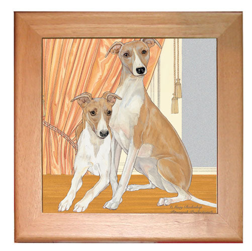 Whippet Dog Kitchen Ceramic Trivet Framed in Pine 8" x 8" - Pipsqueakproductions