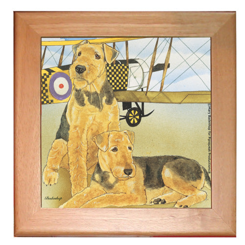 Airedale Dog Kitchen Ceramic Trivet Framed in Pine 8" x 8" - Pipsqueakproductions
