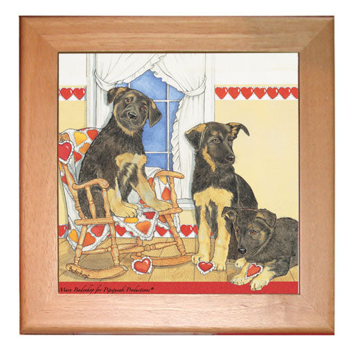German Shepherd Dog Kitchen Ceramic Trivet Framed in Pine 8" x 8" - Pipsqueakproductions