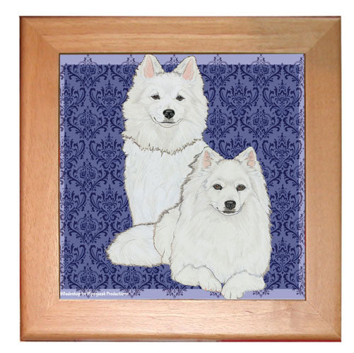 American Eskimo Eskie Dog Kitchen Ceramic Trivet Framed in Pine 8" x 8" - Pipsqueakproductions