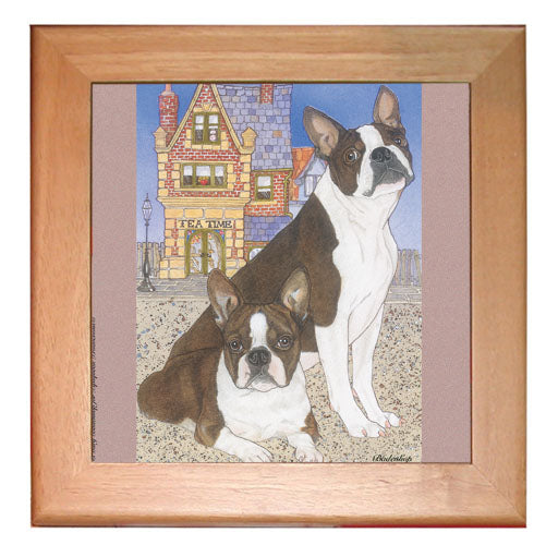 Boston Terrier Dog Kitchen Ceramic Trivet Framed in Pine 8" x 8" - Pipsqueakproductions