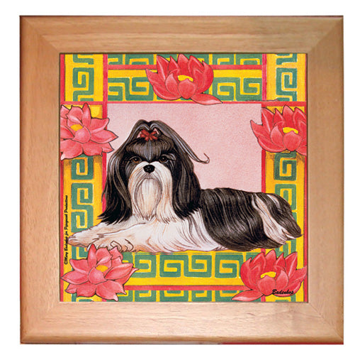 Shih Tzu Dog Kitchen Ceramic Trivet Framed in Pine 8" x 8" - Pipsqueakproductions