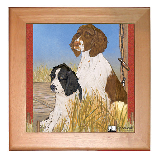 English Springer Spaniel Dog Kitchen Ceramic Trivet Framed in Pine 8" x 8" - Pipsqueakproductions