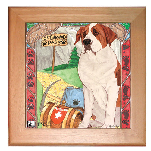 Saint Bernard Dog Kitchen Ceramic Trivet Framed in Pine 8" x 8" - Pipsqueakproductions