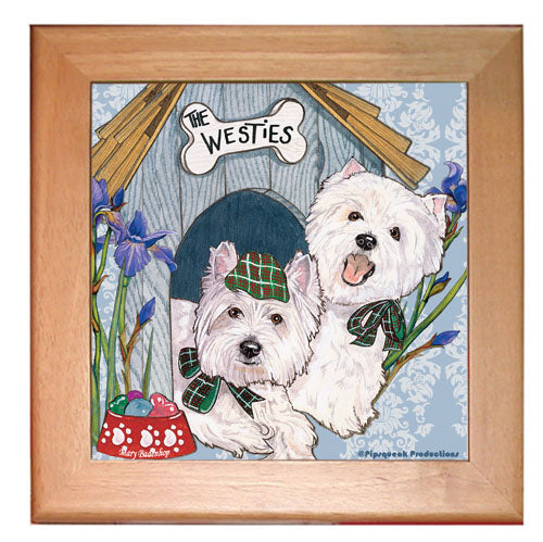 West Highland Terrier Westie Dog Kitchen Ceramic Trivet Framed in Pine 8" x 8" - Pipsqueakproductions