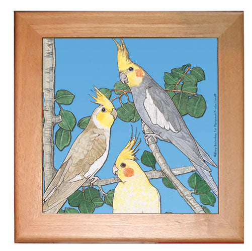 Cockatiel Bird Kitchen Ceramic Trivet Framed in Pine 8" x 8" - Pipsqueakproductions
