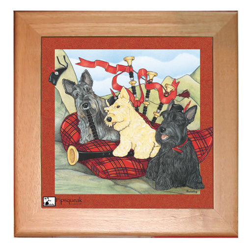 Scottish Terrier Scottie Dog Kitchen Ceramic Trivet Framed in Pine 8" x 8" - Pipsqueakproductions