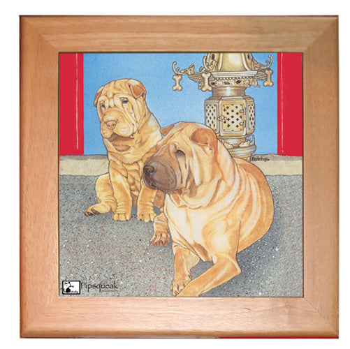 Shar Pei Dog Kitchen Ceramic Trivet Framed in Pine 8" x 8" - Pipsqueakproductions