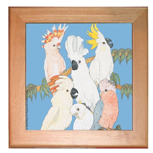 Cockatoo Parrot Kitchen Ceramic Trivet Framed in Pine 8" x 8" - Pipsqueakproductions