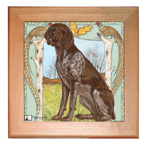 German Pointer Dog Kitchen Ceramic Trivet Framed in Pine 8" x 8" - Pipsqueakproductions