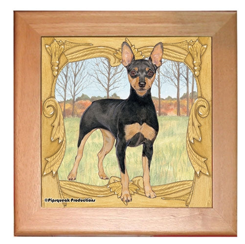 Miniature Pinscher Min Pin Dog Kitchen Ceramic Trivet Framed in Pine 8" x 8" - Pipsqueakproductions