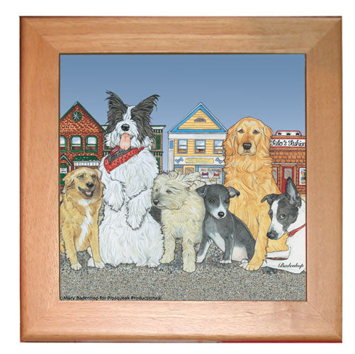 Dog Group Kitchen Ceramic Trivet Framed in Pine 8" x 8" - Pipsqueakproductions