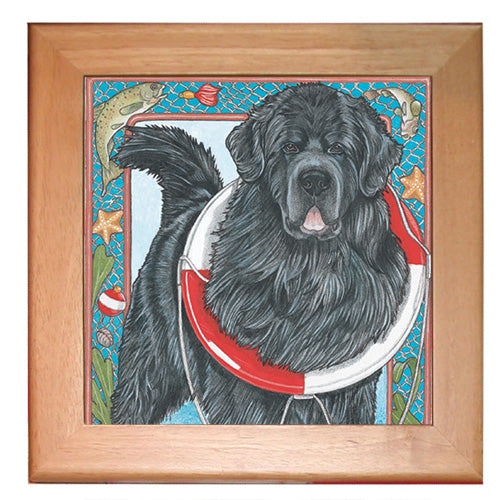 Newfoundland Newfie Dog Kitchen Ceramic Trivet Framed in Pine 8" x 8" - Pipsqueakproductions