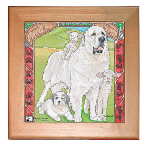 Great Pyrenees Dog Kitchen Ceramic Trivet Framed in Pine 8" x 8" - Pipsqueakproductions