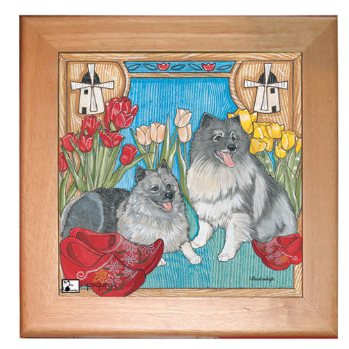 Keeshond Dog Kitchen Ceramic Trivet Framed in Pine 8" x 8" - Pipsqueakproductions