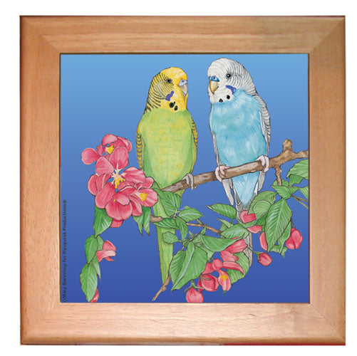 Parakeet Parrot Kitchen Ceramic Trivet Framed in Pine 8" x 8" - Pipsqueakproductions