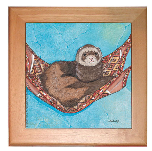 Ferret Kitchen Ceramic Trivet Framed in Pine 8" x 8" - Pipsqueakproductions