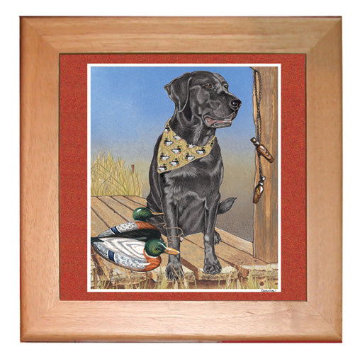 Labrador Retriever Black Lab Dog Kitchen Ceramic Trivet Framed in Pine 8" x 8" - Pipsqueakproductions