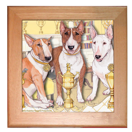 Bull Terrier Bullie Dog Kitchen Ceramic Trivet Framed in Pine 8" x 8" - Pipsqueakproductions