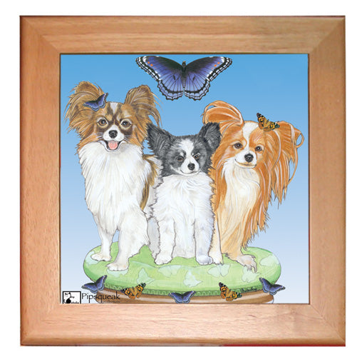 Papillon Dog Kitchen Ceramic Trivet Framed in Pine 8" x 8" - Pipsqueakproductions