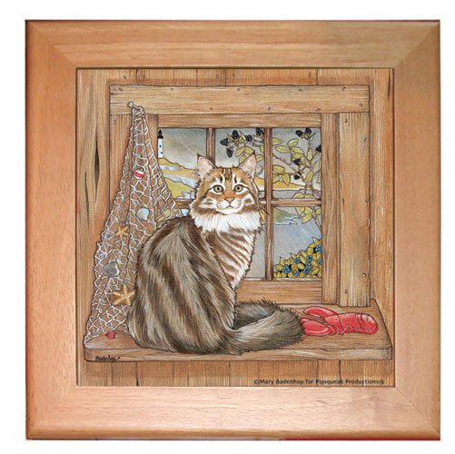 Maine Coon Cat Kitchen Ceramic Trivet Framed in Pine 8" x 8" - Pipsqueakproductions