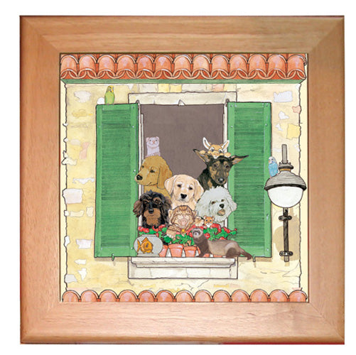 Dog, Cat with other Pets Kitchen Ceramic Trivet Framed in Pine 8" x 8" - Pipsqueakproductions