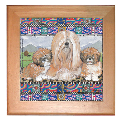 Lhasa Apso Dog Kitchen Ceramic Trivet Framed in Pine 8" x 8" - Pipsqueakproductions