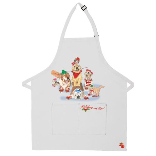Dogs and Cats Holiday on Ice Christmas Apron Two Pocket Bib Apron with Adj Neck