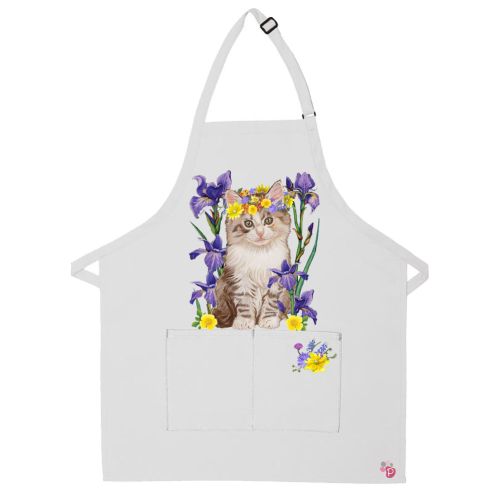Cat Tabby Cat with Irises Apron Two Pocket Bib Apron with Adj Neck