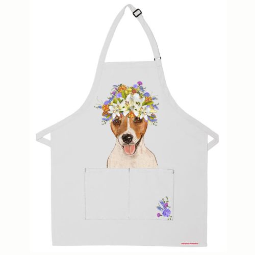 Jack Russell Terrier Floral Apron Two Pocket Bib Apron with Adj Neck