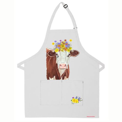 Cow Brown and White Hereford Floral Apron Two Pocket Bib Apron with Adj Neck