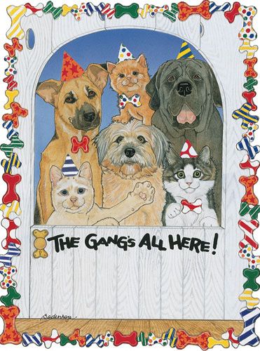 Dogs with Cats The Gang's All Here Birthday Card 5 x 7 with Envelope