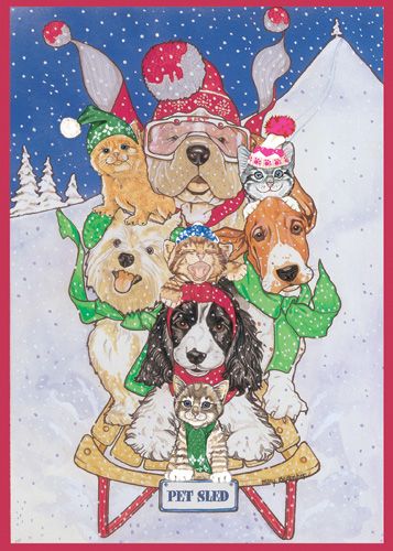 Dog with Cat Group Pet Sled Christmas Cards Set of 10 cards and 10 envelopes