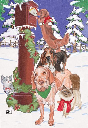 Dog with Cat Group Pet Mail Express Christmas Cards Set of 10 cards & 10 envelopes