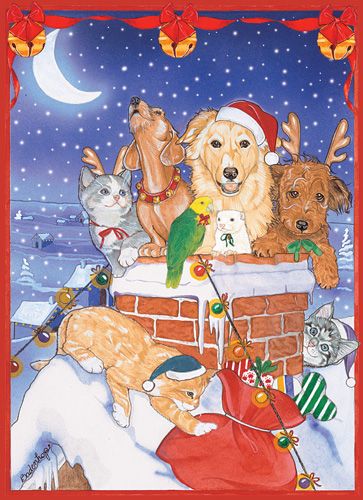 Dog, Cat with other Pet Sitters Chim Chimney Christmas Cards Set of 10 cards & 10 envelopes
