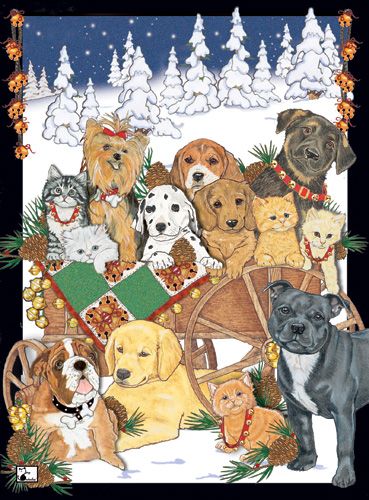 Dog with Cat Group Jingle All The Way Christmas Cards Set of 10 cards & 10 envelopes