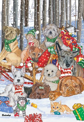 Dog with Cat Group Sleighride Wonderland Christmas Cards Set of 10 cards & 10 envelopes
