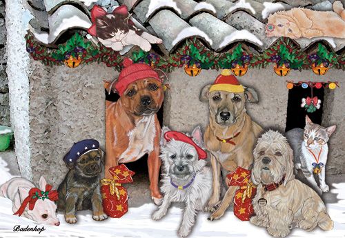 Dog with Cat Group Villa Pet Christmas Cards Set of 10 cards & 10 envelopes