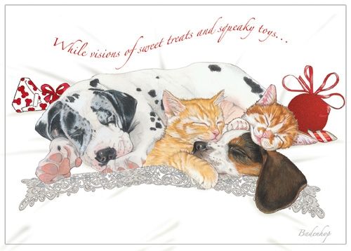 Dog with Cat Group Dream Team Christmas Card 5 x 7 with Envelope