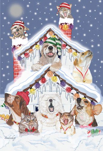 Dog with Cat Group Jolly Blizzard Christmas Cards Set of 10 cards & 10 envelopes