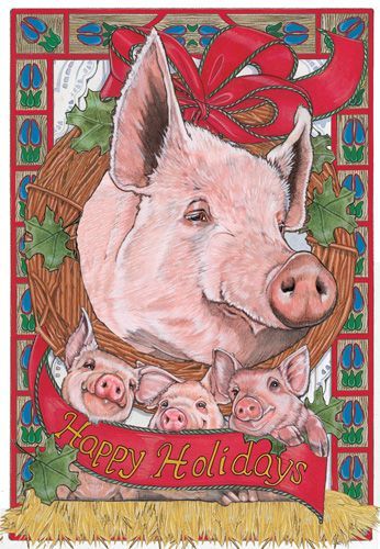 Pig Christmas Card 5 x 7 With Envelope