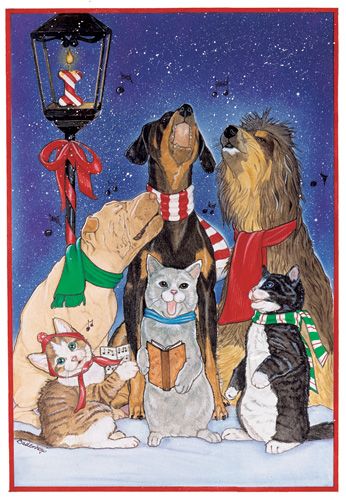 Dog with Cat Group Holiday Blues Christmas Cards Set of 10 cards & 10 envelopes
