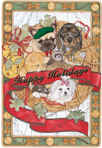 Dog with Cat Group Pet Wreath Christmas Cards Set of 10 cards & 10 envelopes