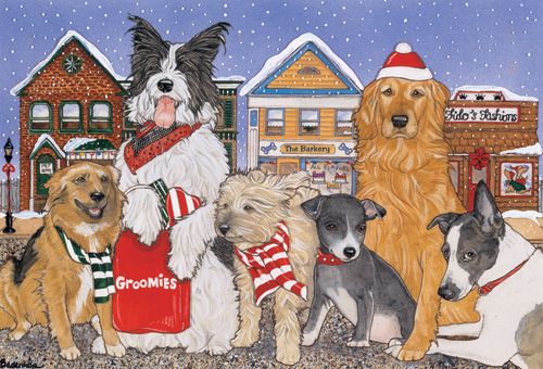 Dog Group Holiday Shopping Christmas Cards Set of 10 cards & 10 envelopes
