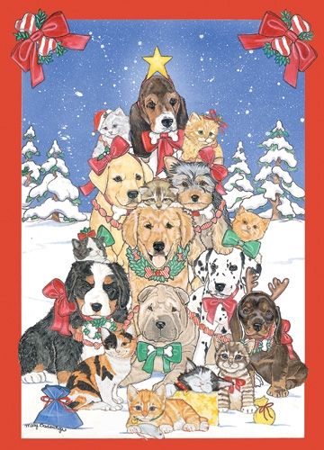 Dog with Cat Group Critter Tree Christmas Card 5 x 7 with Envelope