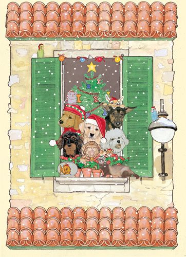 Dog, Cat with other Pet Groups Waiting for Santa Christmas Cards Set of 10 cards & 10 envelopes