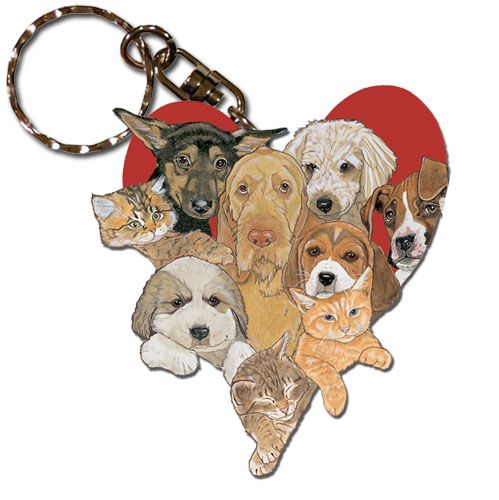 Dogs and Cats Heart Keychain Wooden