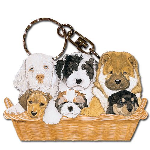 Dogs in a Basket Keychain Wooden